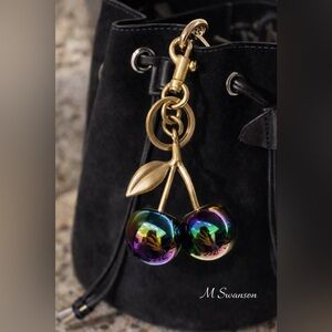 NEW Cherry Charm Keychain Gold and Multicolor Oil Slick NWT